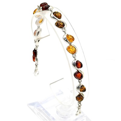 Браслет с янтарём в посеребрении овальчик двойной ассорти, 20см