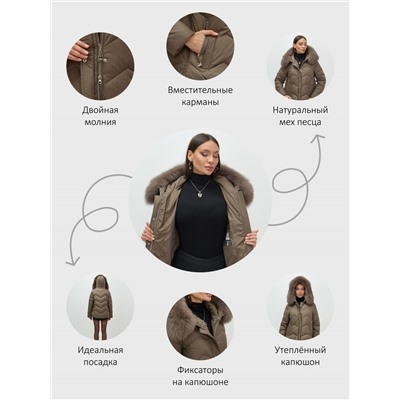 Куртка зимняя женская с мехом и капюшоном тренд коричневого цвета 7759K
