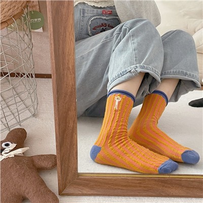 Cute Japanese knee socks, funny cartoon cotton doll, mid-length, with embroidery