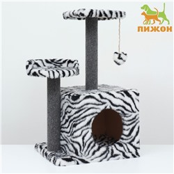 Домик для кошек с когтеточкой, квадратный, 3х-этажный, 35 х 45 х 75см, ковролин, зебра