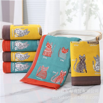 Zhiyang towel four layers of jets, digital cat gauze cotton cotton face towel soft water absorption, face towel factory price wholesale