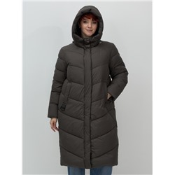 Пальто зимнее утепленное с капюшоном женское темно-коричневого цвета 7623TK