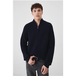 Sweter z domieszką wełny męski z fakturą kolor granatowy