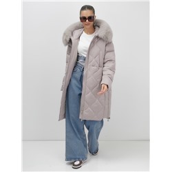 Пальто зимнее утепленное с мехом и капюшоном тренд светло-коричневого цвета 7753SK