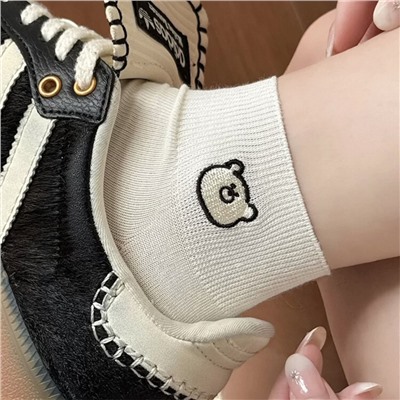 Tide, summer thin white cotton knee socks, cute embroidery, with little bears, with embroidery