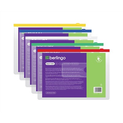 Папка-конверт на молнии Berlingo В5, 150мкм, с карманом для визиток, прозрачная, ассорти