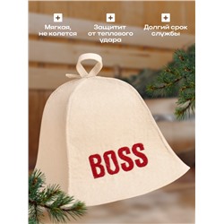 Шапка для бани и сауны с вышивкой BOSS, шерсть 100%, светлая, «Добропаровъ»