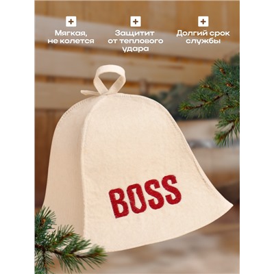 Шапка для бани и сауны с вышивкой BOSS, шерсть 100%, светлая, «Добропаровъ»