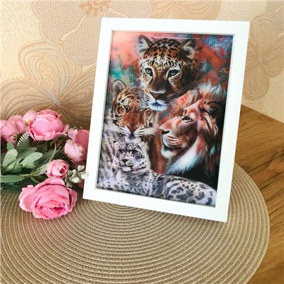 3Д картинка "Большие кошки" 14,5 х 19,5 см х Ж-0017, голографическая открытка с изображением леопарда, льва, тигра и барса, без рамки