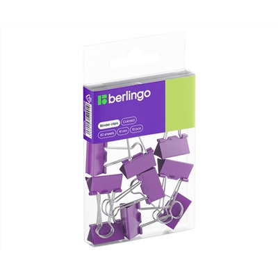 Зажимы для бумаг 19мм, Berlingo, 10шт., цветные, ПВХ упак., европодвес, фиолетовые