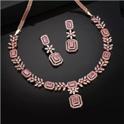 Estele Rose Gold Plated CZ Classic Designer Necklace Set with Mint Pink Stones for Women
