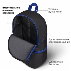 Рюкзак STAFF TRIP универсальный, 2 кармана, черный с синими деталями, 40x27x15,5см, 270786
