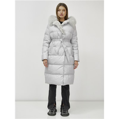 Пальто утепленное с капюшоном и мехом зимнее женское светло-серого цвета 133203SS