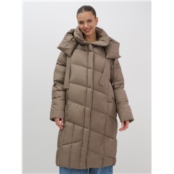 Пальто зимнее утепленное с капюшоном женское светло-коричневого цвета 7748SK