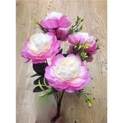 Цветы искусственные декоративные Пион двухцветный + зелень желто-зеленая (7 цветков) 40 см