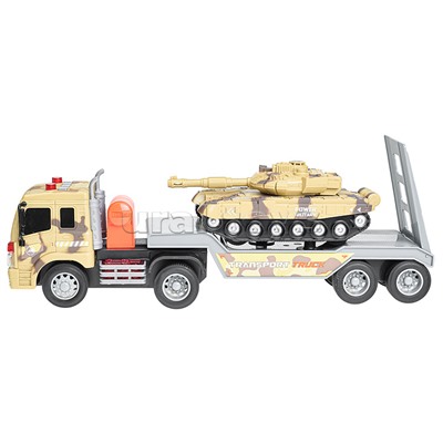 Автовоз "Военный" с танком, 1:16 (свет, звук) на батарейках, в коробке (камуфляж)