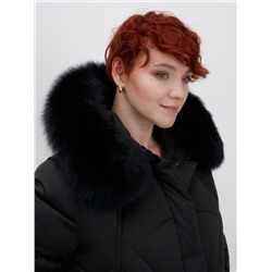 Куртка зимняя женская с мехом и капюшоном тренд черного цвета 7656Ch