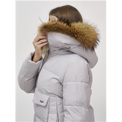 Куртка женская зимняя с мехом енот премиум класса светло-серого цвета 3146SS