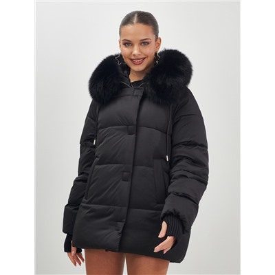 Куртка зимняя женская с мехом и капюшоном тренд черного цвета 7658Ch