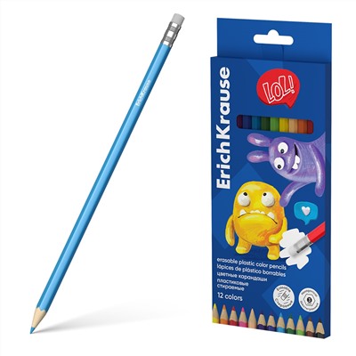Карандаши 12цв ErichKrause Jolly Friends пластик шестигран стираемые с ластиком 3мм 61801/12/Китай