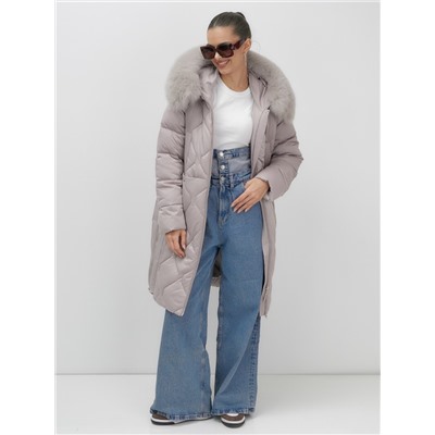 Пальто зимнее утепленное с мехом и капюшоном тренд светло-коричневого цвета 7753SK