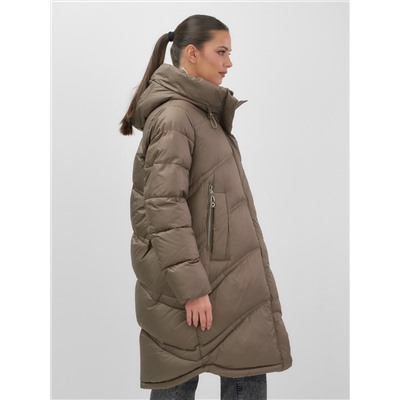 Пальто зимнее утепленное с капюшоном женское коричневого цвета 7747K
