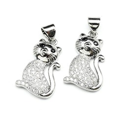 Подвеска Кошка 12*20мм с фианитами, серебристая