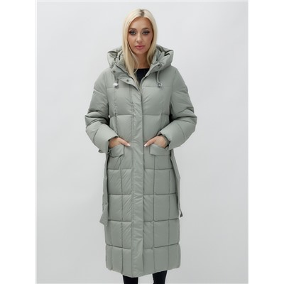 Пальто утепленное стеганное зимнее с капюшоном женское зеленого цвета 9609Z