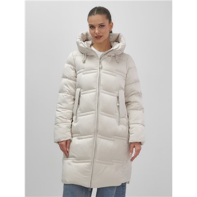 Пальто зимнее утепленное с капюшоном женское бежевого цвета 7779B