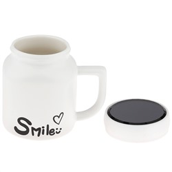 Кружка фарфоровая "Smile" 480мл, 8,7х8,7см h11см, матовая глазурь, с деколью, цвет - белый, пластмассовая, винтовая крышка, герметичная, с силиконовым уплотнителем, д/горла 6,3см, д/основания 6см, в подарочной коробке (Китай)