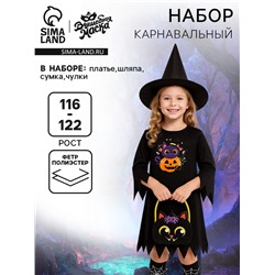 Карнавальный костюм «Зловещая Колдунья»: платье, шляпа, сумка, чулки, рост 1116-122 см