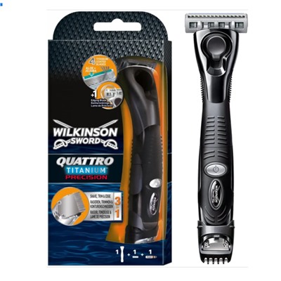 Станок для бритья Schick (Wilkinson Sword) QUATTRO Titanium Precision (+1 кассета) с триммером и батарейкой