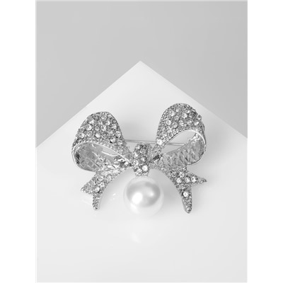 Брошь «Жемчужинка» классический бантик, цвет белый в серебре