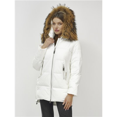 Куртка женская зимняя с мехом енот премиум класса белого цвета 381Bl