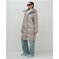 Пальто зимнее утепленное с капюшоном женское бежевого цвета 7618B