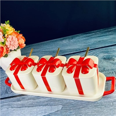 106-342 Набор из 3 баночек 350 мл с ложками на подставке MULTICOLOR  в под.уп.(х12)Фарфор