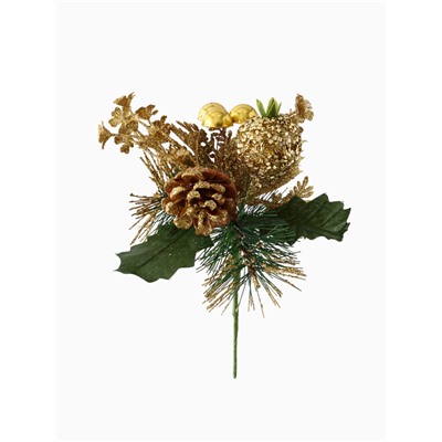 Еловая ветка декоративная «Зимнее волшебство. Мечты», пластик, шиповник в бисере, 18 см, золото