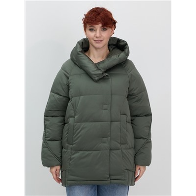 Куртка зимняя женская с капюшоном модная цвета хаки 7651Kh