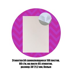 Этикетки А4 самоклеящиеся, 100 листов, 80 г/м², на листе 65 этикеток размером 38×21.2 мм, глянцевые, белые