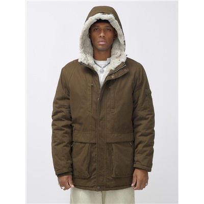 Парка мужская зимняя удлиненная с мехом темно-коричневого цвета 2608TK