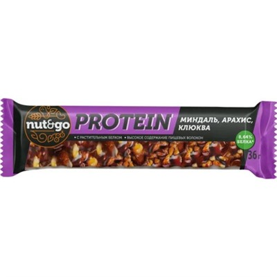 Батончик Nut&Go Protein миндаль, арахис, клюква, 36 г (упаковка 18 шт)/ КДВ