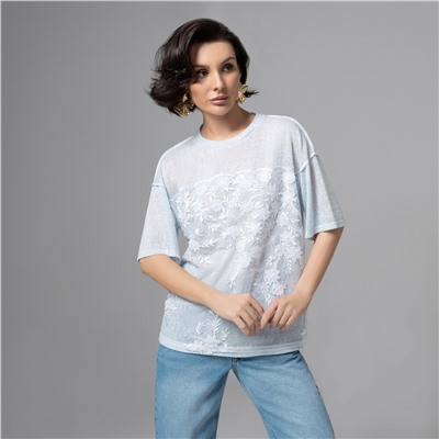 Футболка с объемным декором, Буду тебе сниться (голубой меланж)