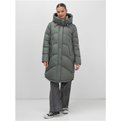 Пальто зимнее утепленное с капюшоном женское цвета хаки 7747Kh