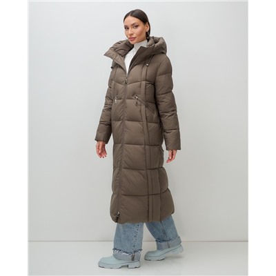 Пальто зимнее утепленное с капюшоном женское светло-коричневого цвета 7729SK
