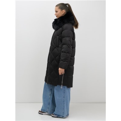 Пальто зимнее утепленное с мехом и капюшоном тренд черного цвета 7753Ch