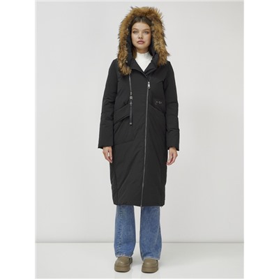 Пальто зимнее женское с мехом енот премиум класса черного цвета 3006_1Ch