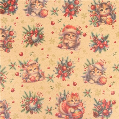 Новый год. Бумага упаковочная новогодняя "Котик", бурый крафт, 80 г/м2 , 50 х 70 см.