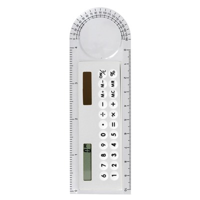Калькулятор - линейка, 10 см, 8-разрядный, корпус прозрачного цвета, с транспортиром, работает от света, МИКС