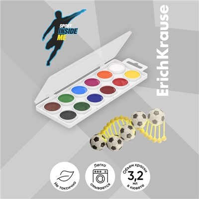 Акварель ErichKrause Sport DNA, 12 цветов, без кисти, пластиковая коробка, европодвес