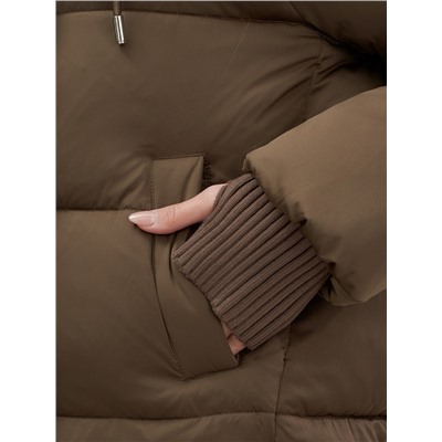 Куртка зимняя женская с мехом и капюшоном тренд горчичного цвета 7658G